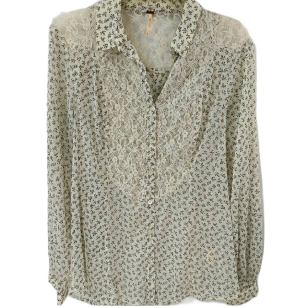Free People Ivory Button Up Floral Lace Sheer Boho Cottagecore Blouse Top size M